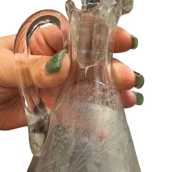Vintage Hand-Blown Etched Clear Glass Cruet With Stopper - Picture 3 of 11